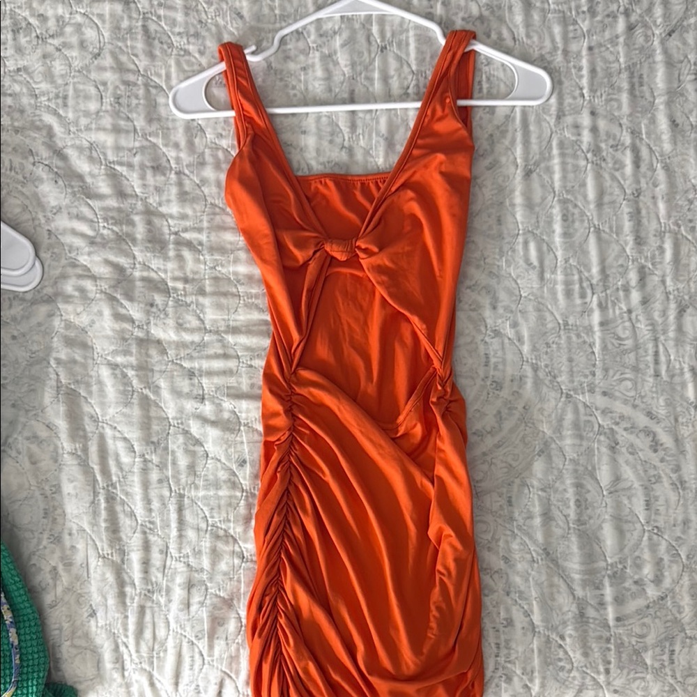 Discovery Orange Ruched Slip Dress Spaghetti Strap
